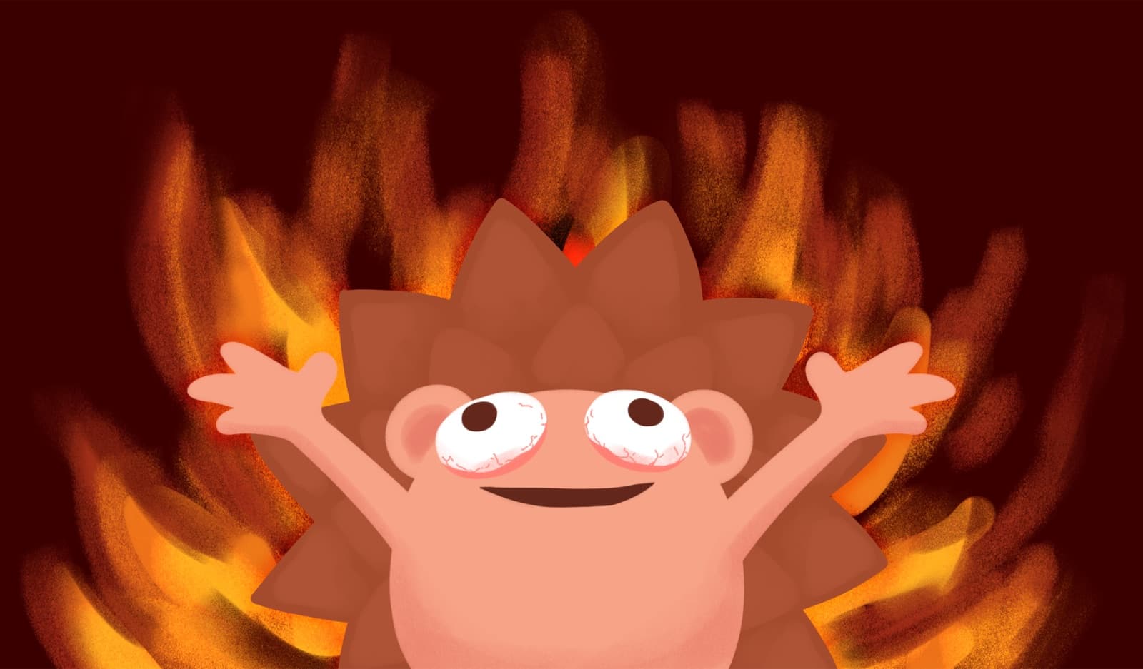 Evil Daven, grinning in front of flames